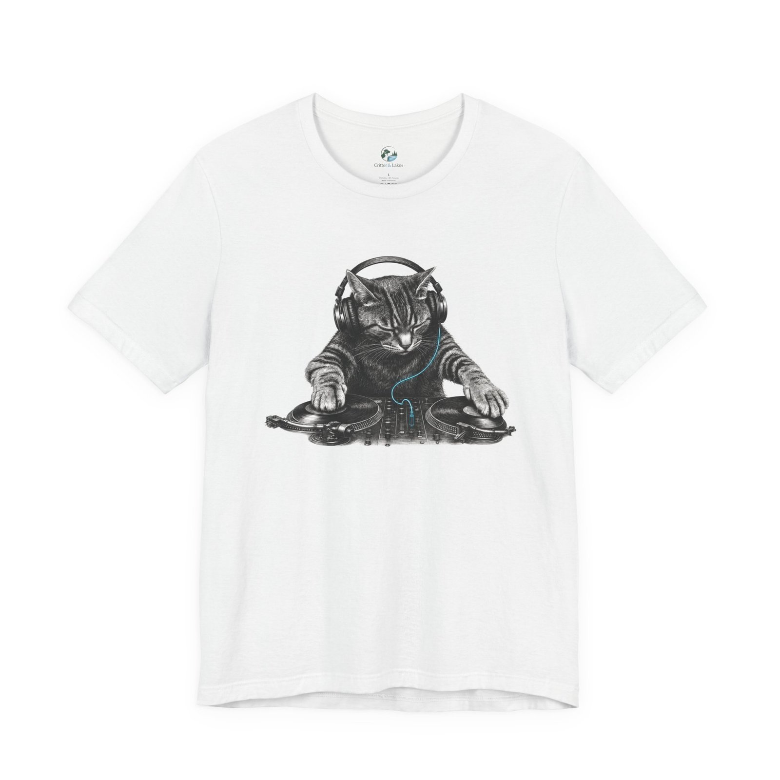 DJ Cat T-Shirt | Funny Cat DJ Graphic Tee with Turntables & Headphones | Music Producer Shirt | EDM, House, Techno & Vinyl