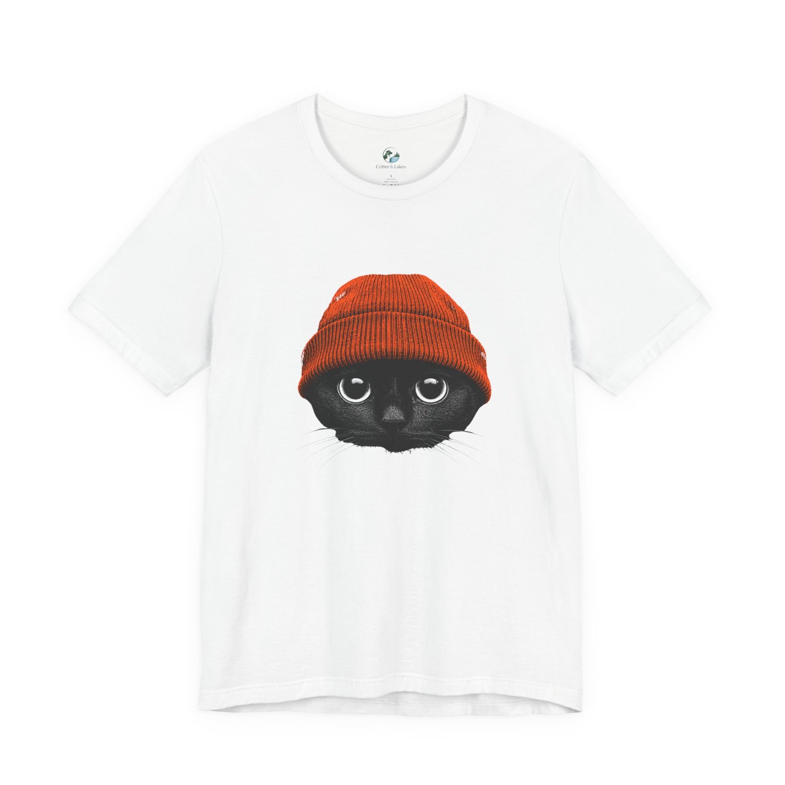 Black Cat in Orange Beanie T-Shirt | Cute Autumn Cat Graphic Tee | Halloween Cat Lover Shirt | Cozy Fall Kitty Apparel