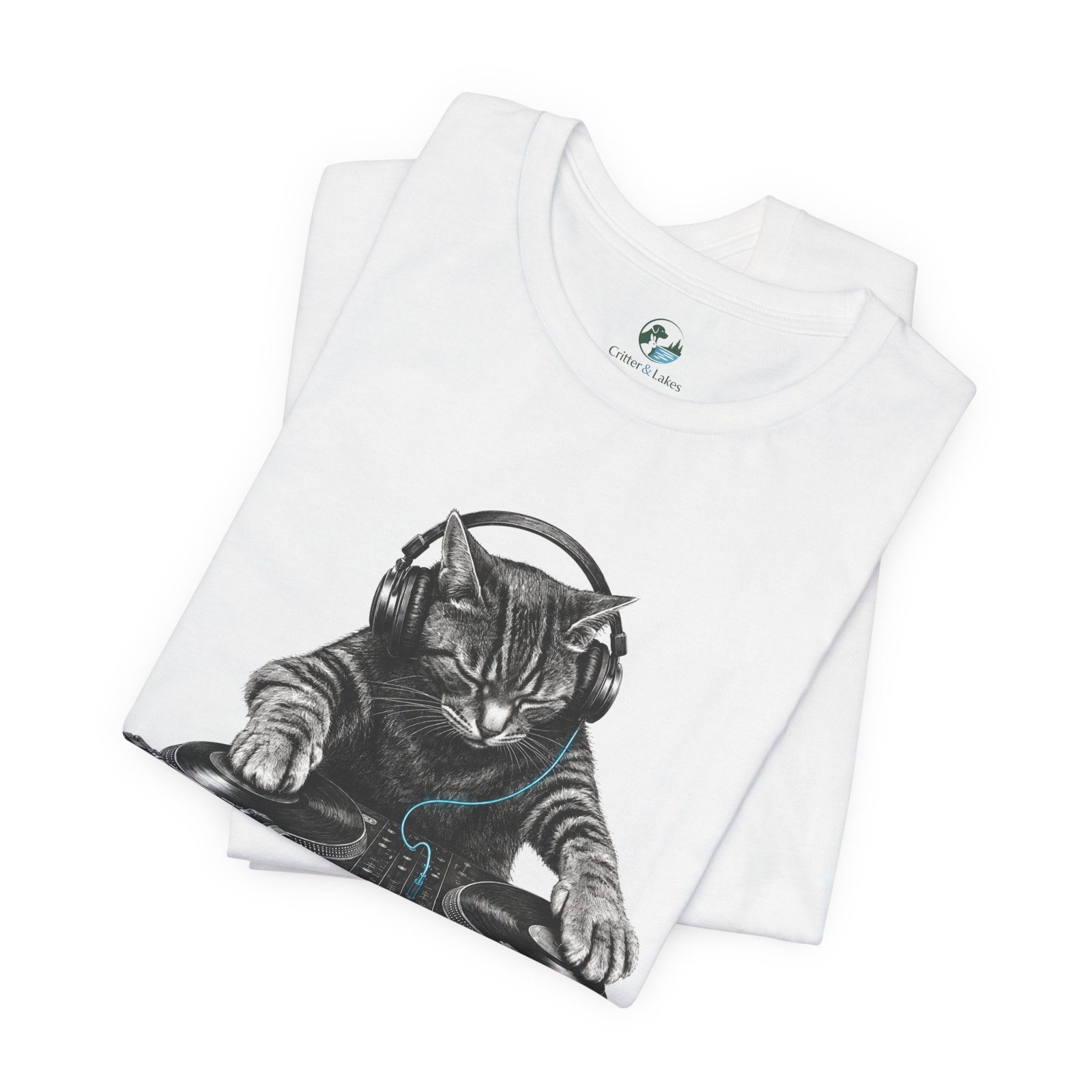 DJ Cat T-Shirt | Funny Cat DJ Graphic Tee with Turntables & Headphones | Music Producer Shirt | EDM, House, Techno & Vinyl - Image 2